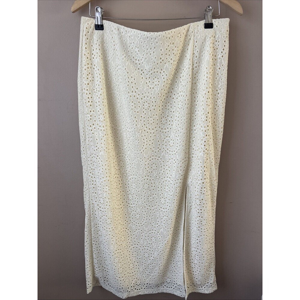 A New Day Cream Cotton Eyelet Lace Midi Skirt Front Slit Size 12